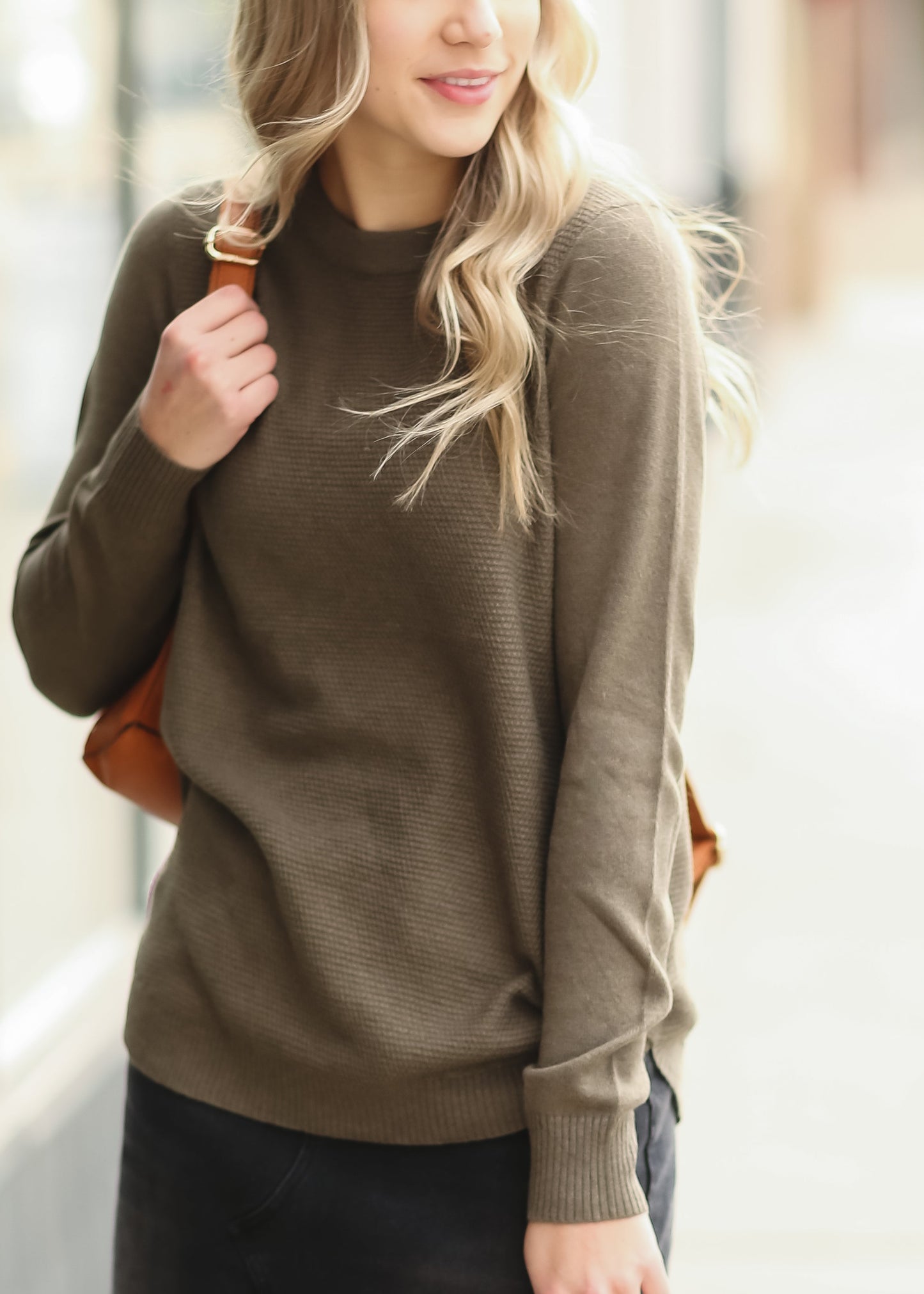 Olive Waffle Weave Textured Sweater Tops