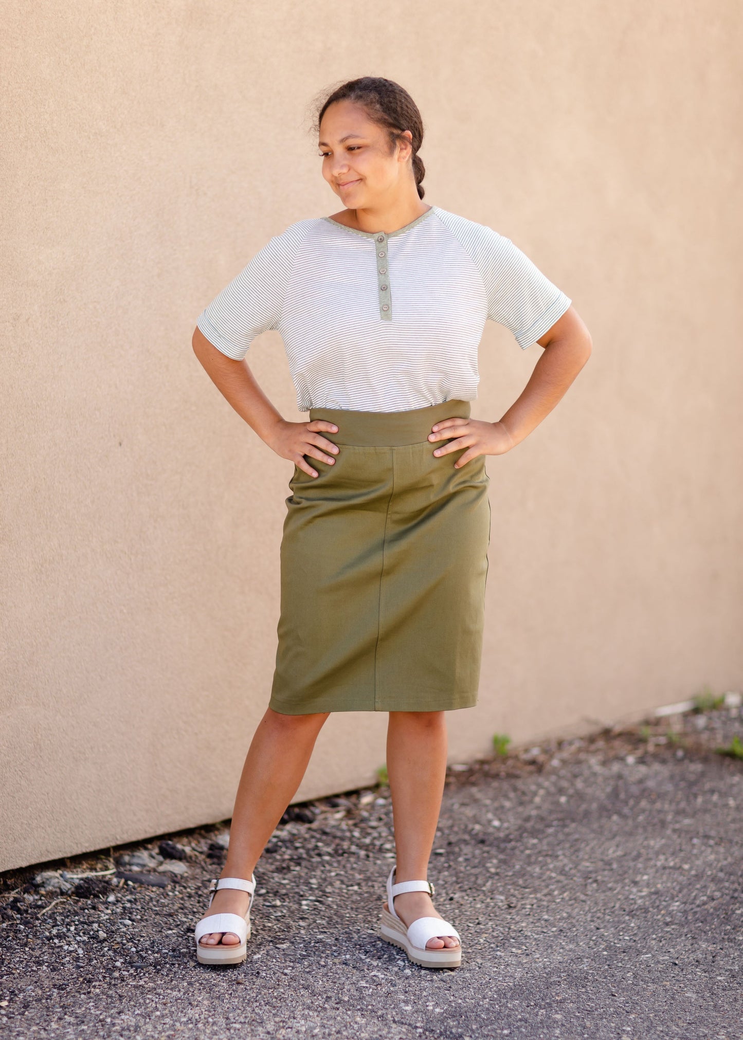 Olive & White Striped Top Tops