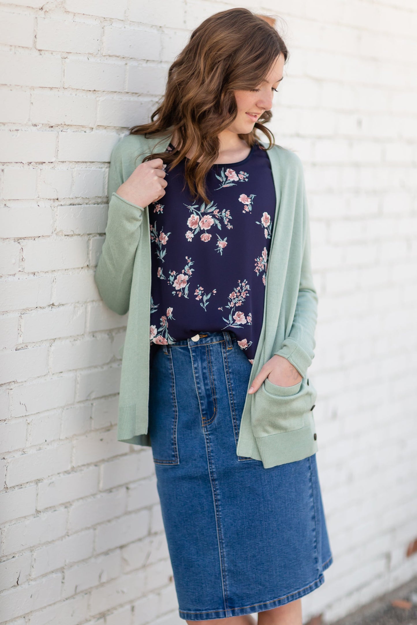 Open Front Long Sleeve Cardigan Tops Sage / S