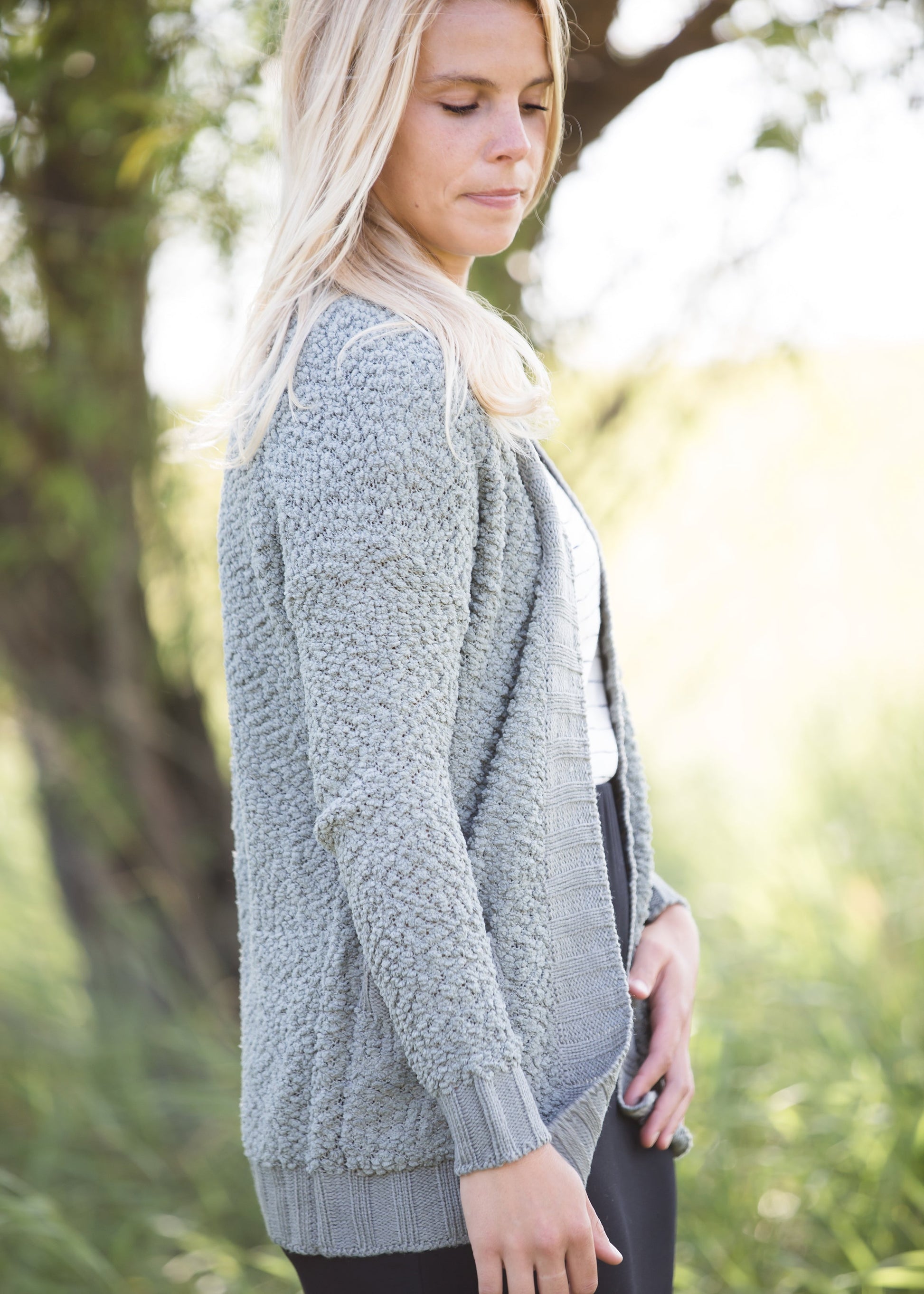 olive popcorn knit open front cozy cardigan