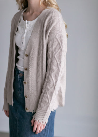 Open Front V-Neck Cable Cardigan Tops