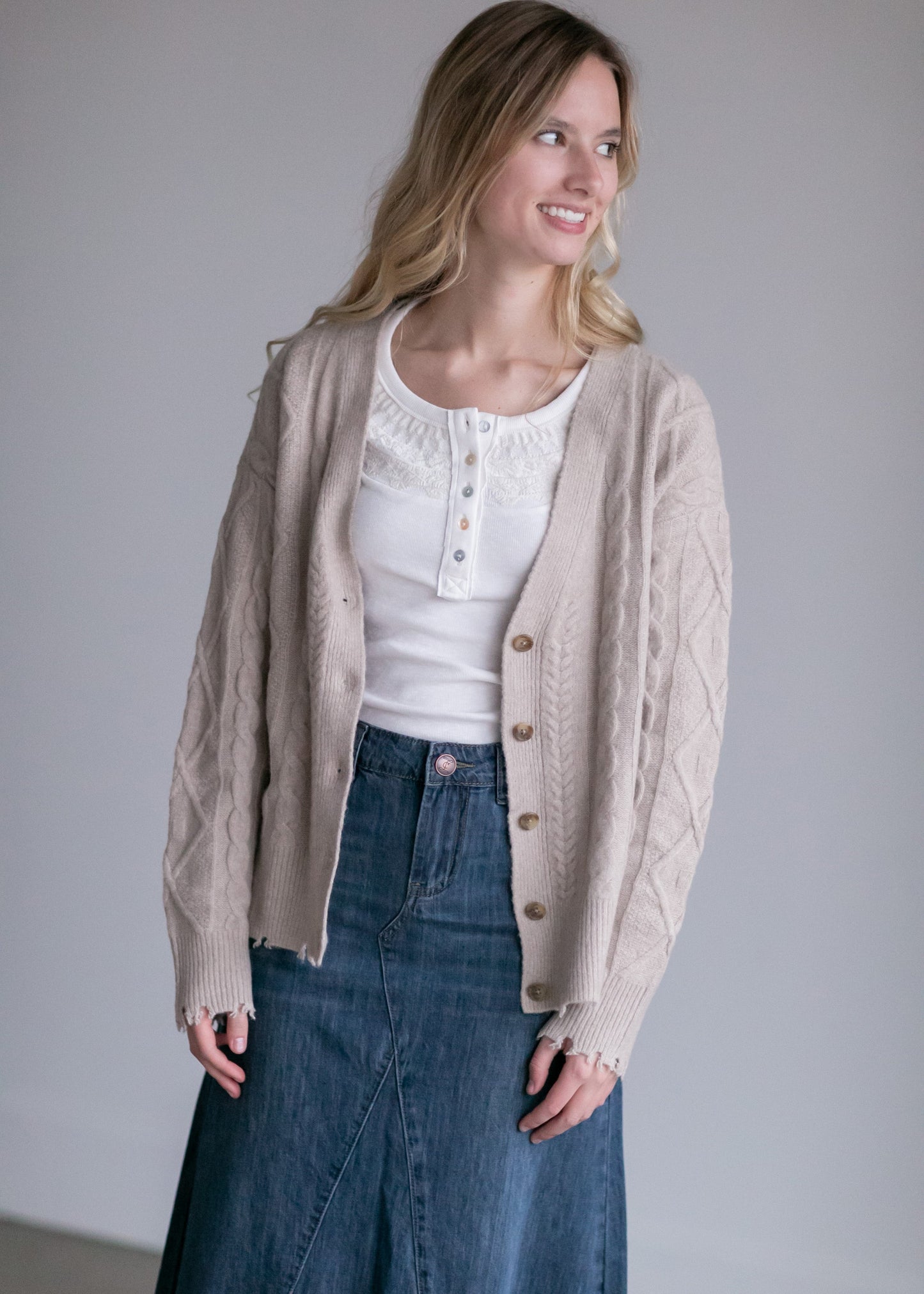 Open Front V-Neck Cable Cardigan Tops Brown / XS