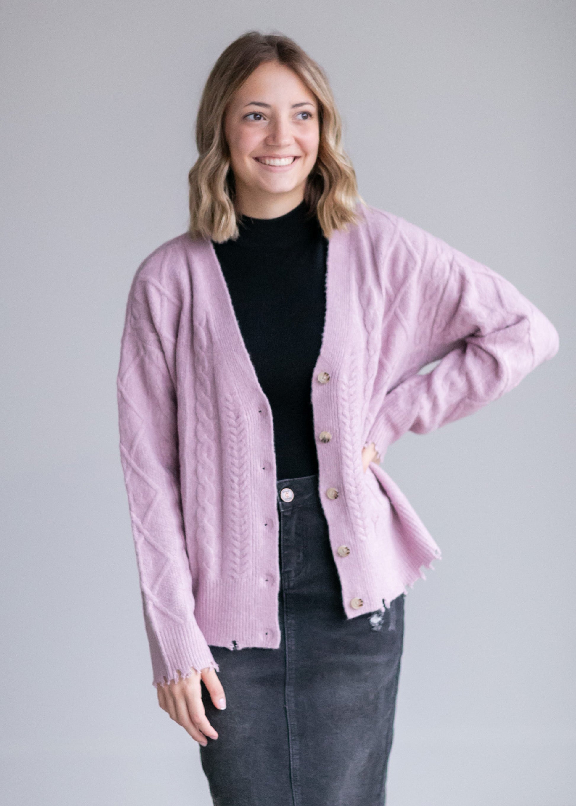 Open Front V-Neck Cable Cardigan Tops Pink / XS