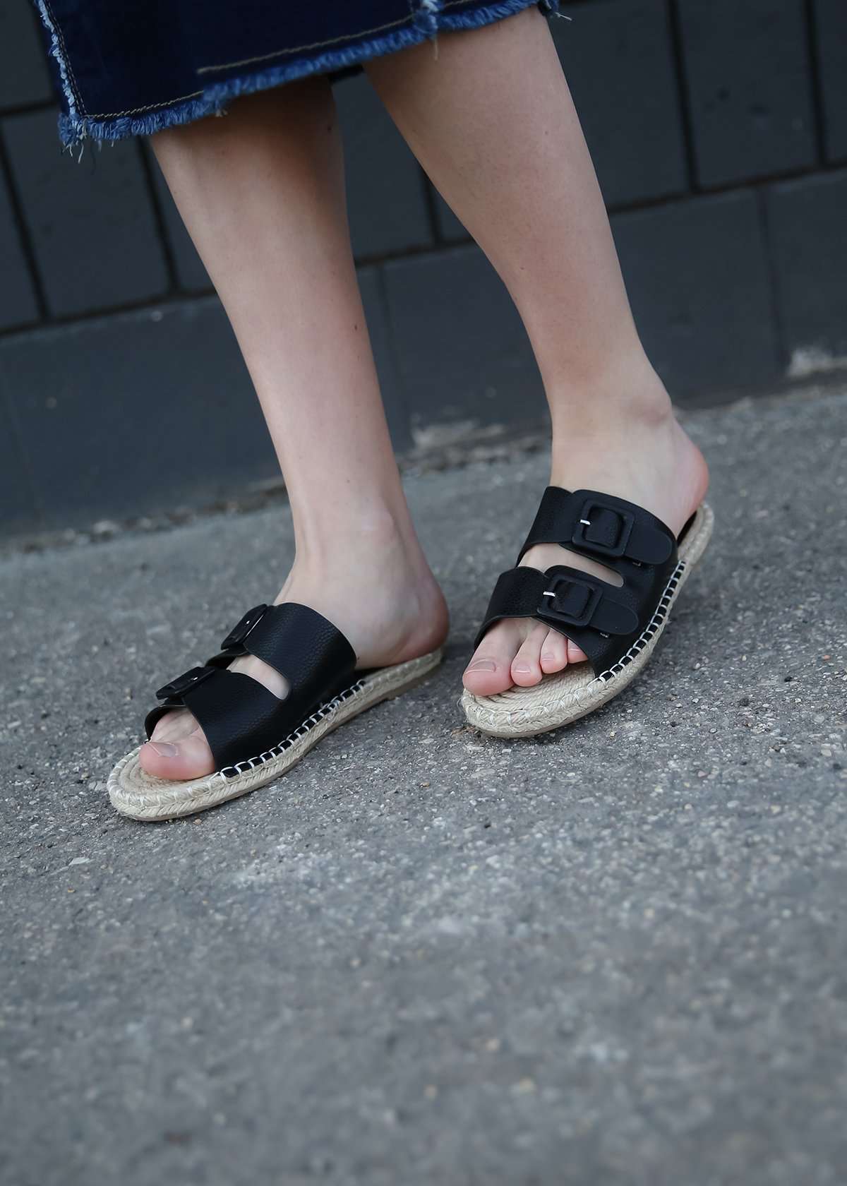 Gray and Black Rope Sole Womens Sandals