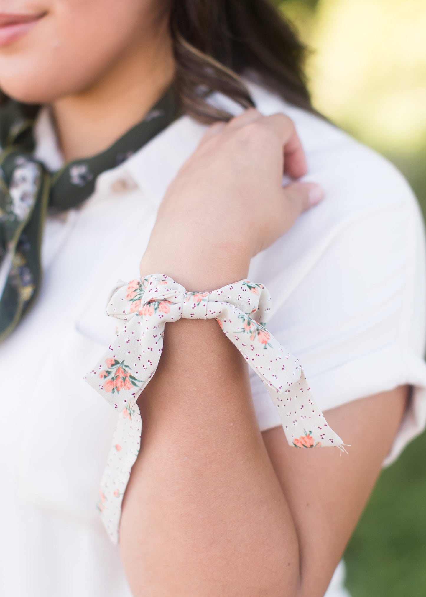 orange and cream floral bow scrunchie