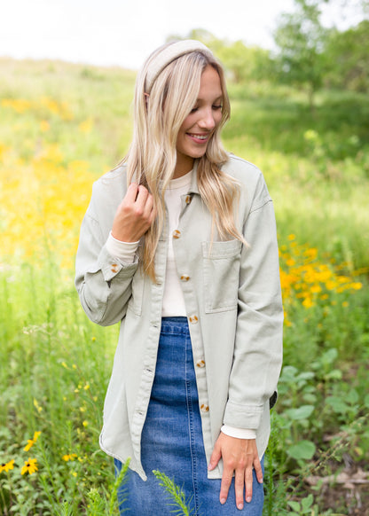Oversized Button Up Jacket Tops Light Sage / S