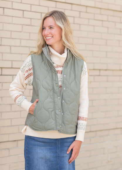 Padding Solid Vest with Collar Tops Olive / S