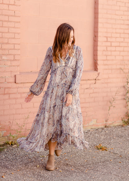 Paisley Lace Trim Button V-Neck Tiered Maxi Dress Dresses Dress Forum