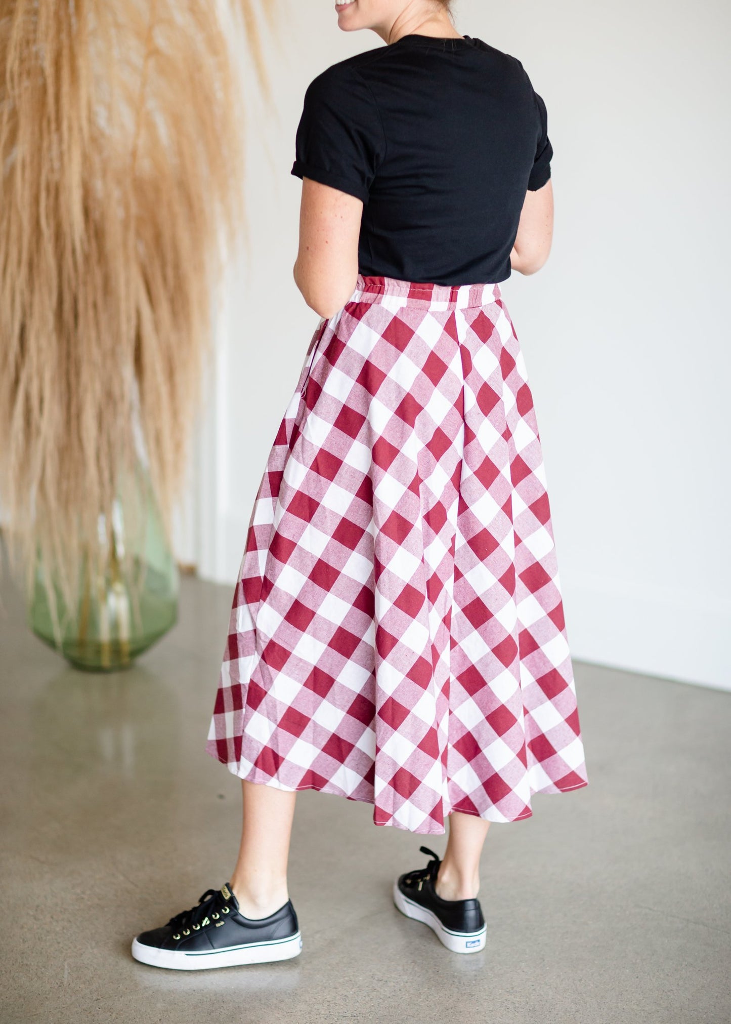 Paper-Bag Waist Gingham A-Line Pocket Midi Skirt Skirts Pologram