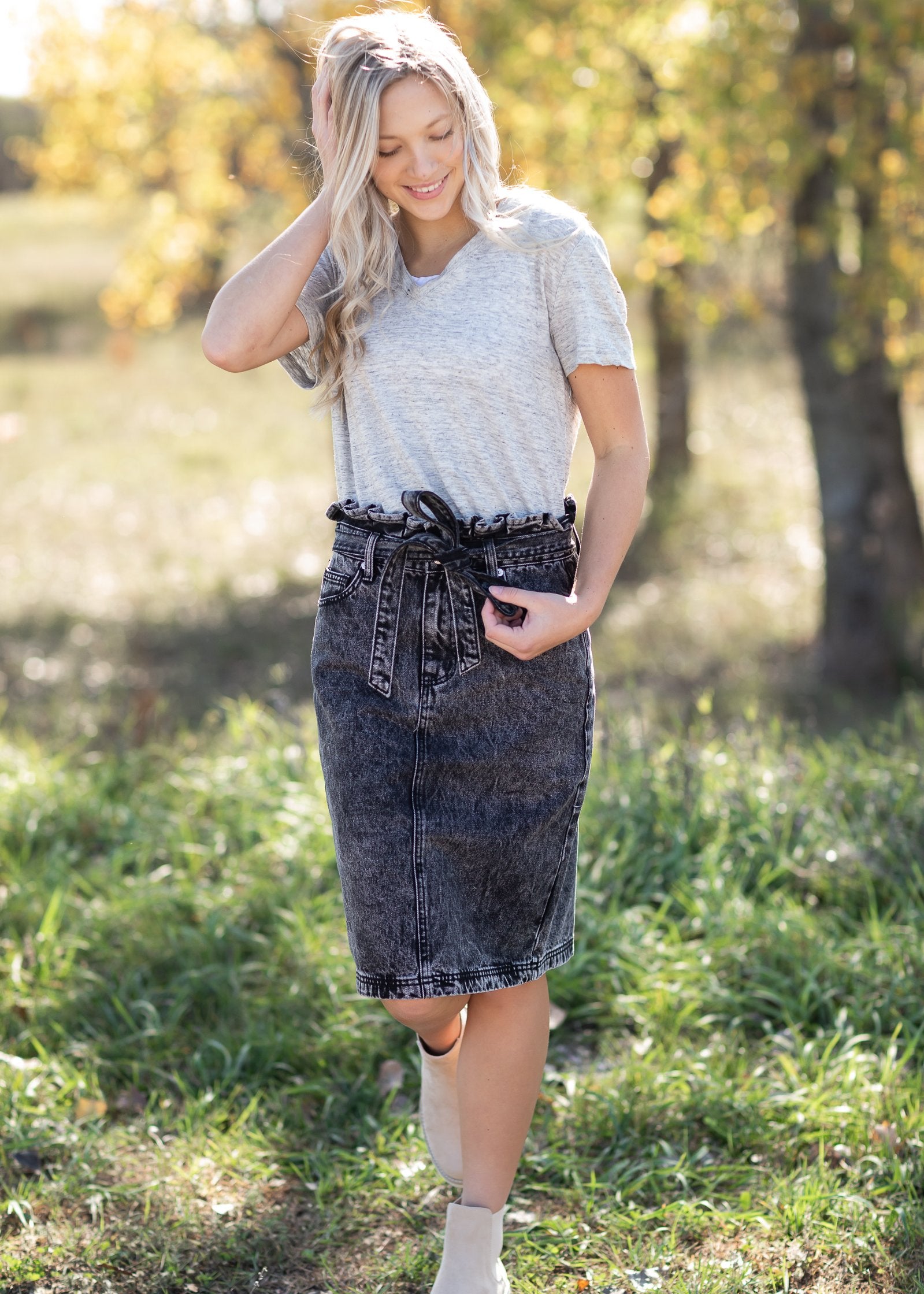 Paperbag Belted Acid Wash Denim Midi Skirt - FINAL SALE Skirts Tea N Rose