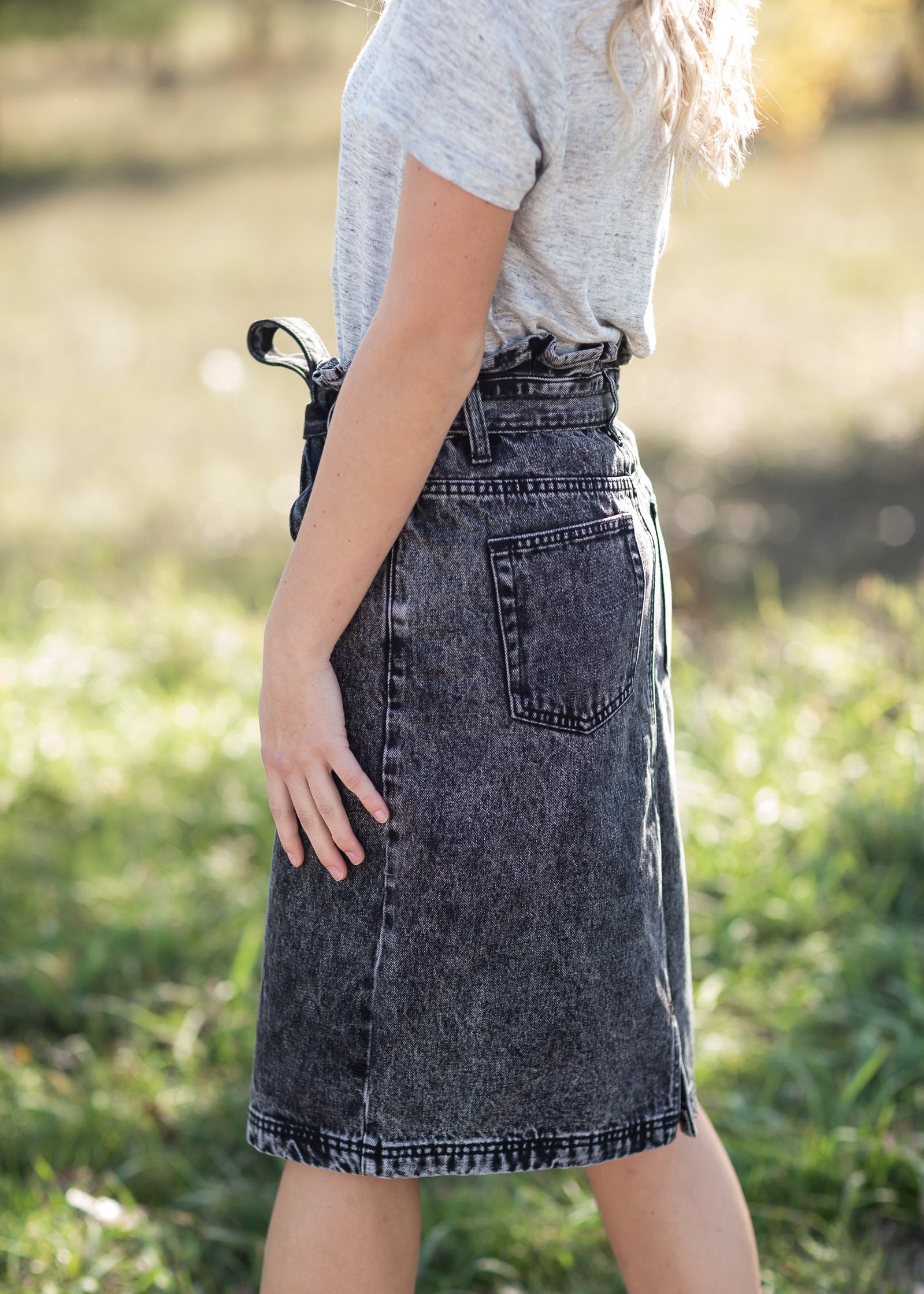 Paperbag Belted Acid Wash Denim Midi Skirt Skirts Tea N Rose