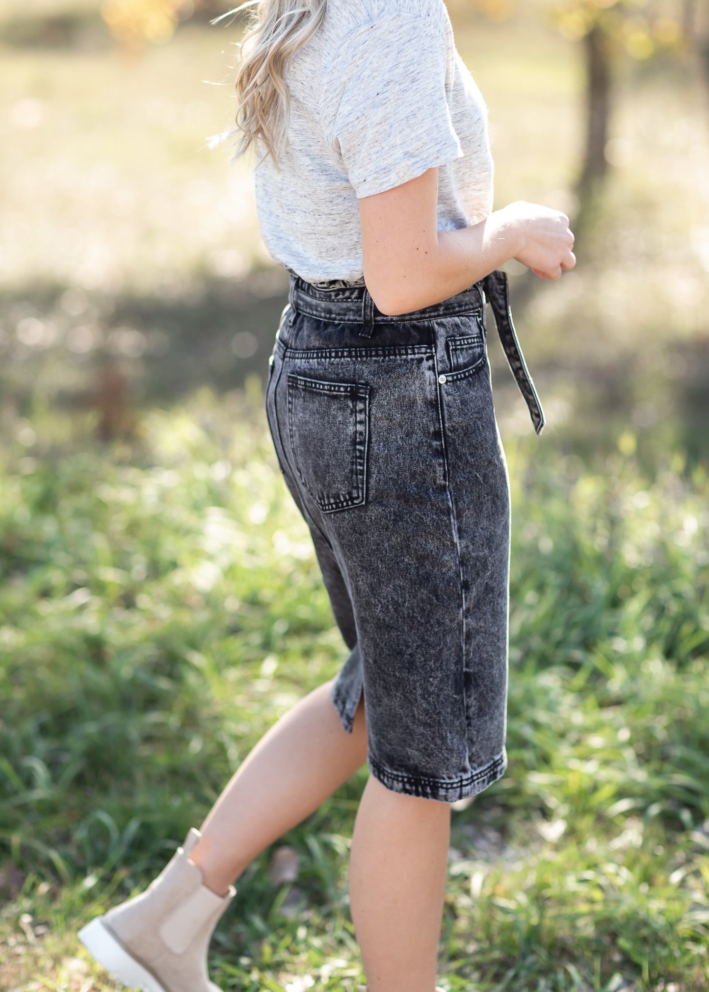 Paperbag Belted Acid Wash Denim Midi Skirt Skirts Tea N Rose
