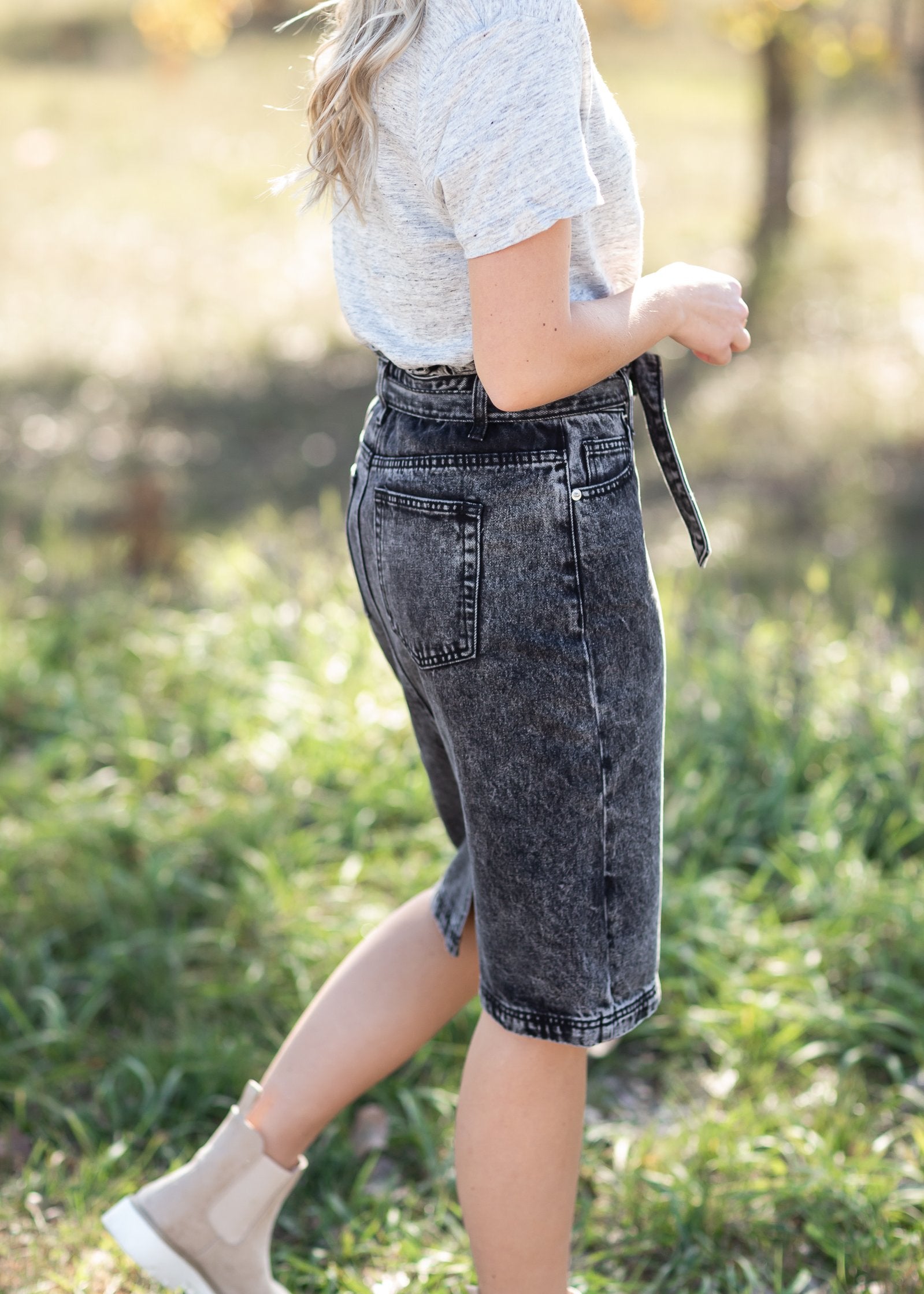 Paperbag Belted Acid Wash Denim Midi Skirt Skirts Tea N Rose
