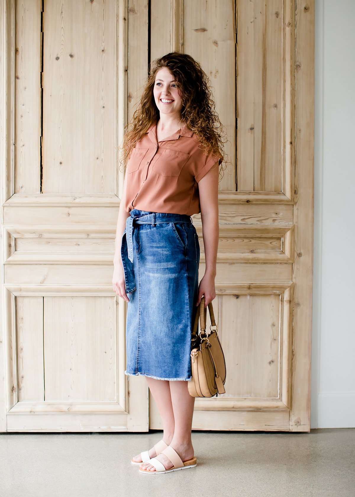 paper bag style dark denim skirt