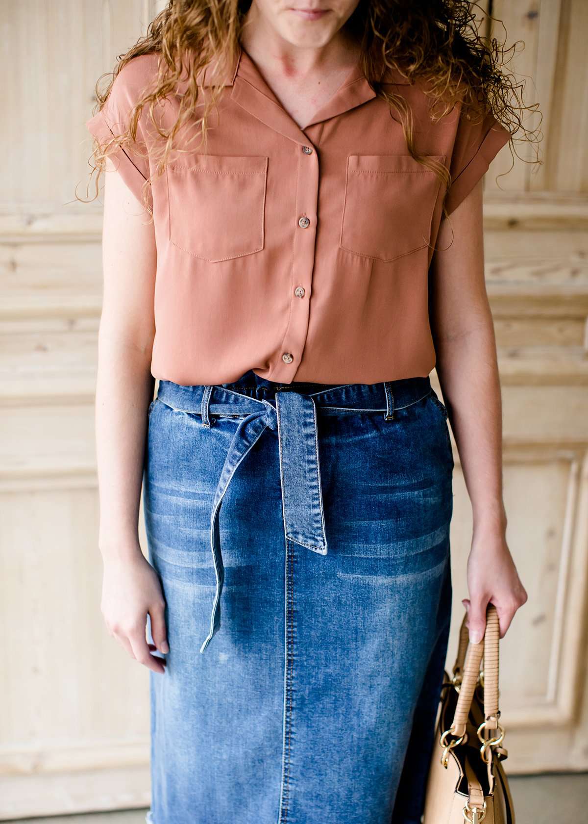 paper bag style dark denim skirt
