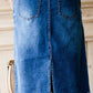 paper bag style dark denim skirt