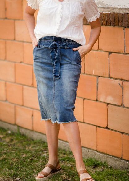 Paperbag Denim Tie Midi Skirt Skirts