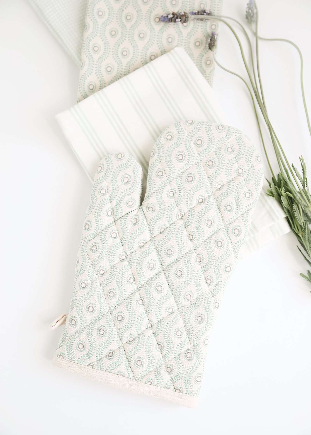 mint and gray cotton oven mitt