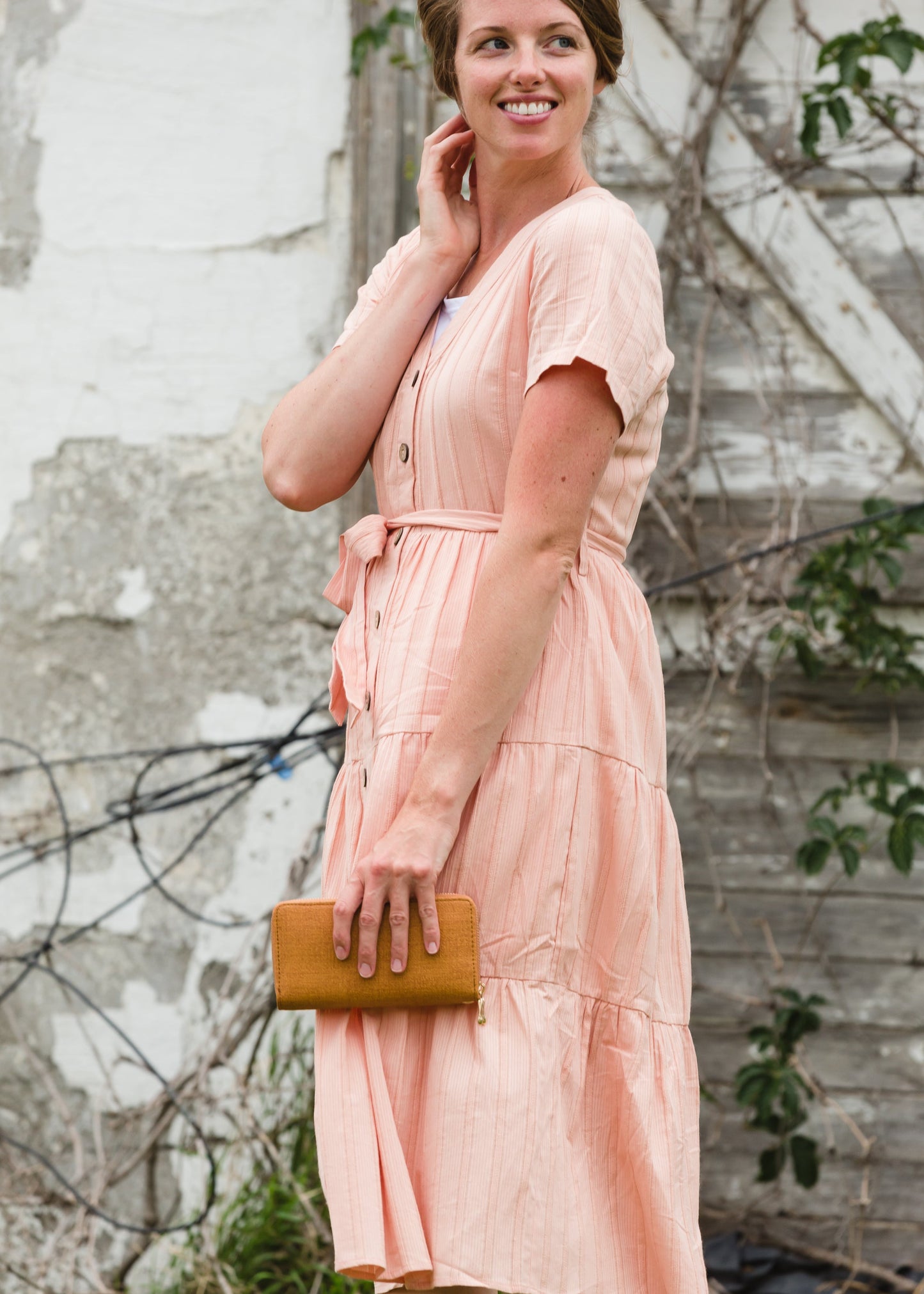 Peach Button Front V-Neck Midi Dress - FINAL SALE Dresses
