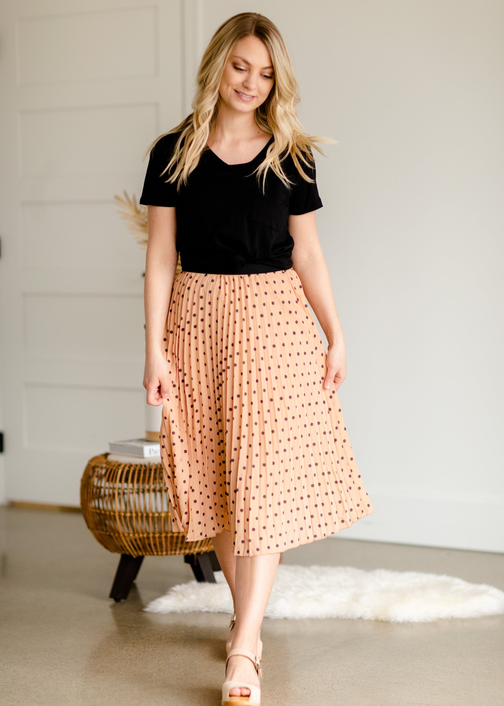 Peach Polka Dot Pleated Midi Skirt - FINAL SALE Skirts