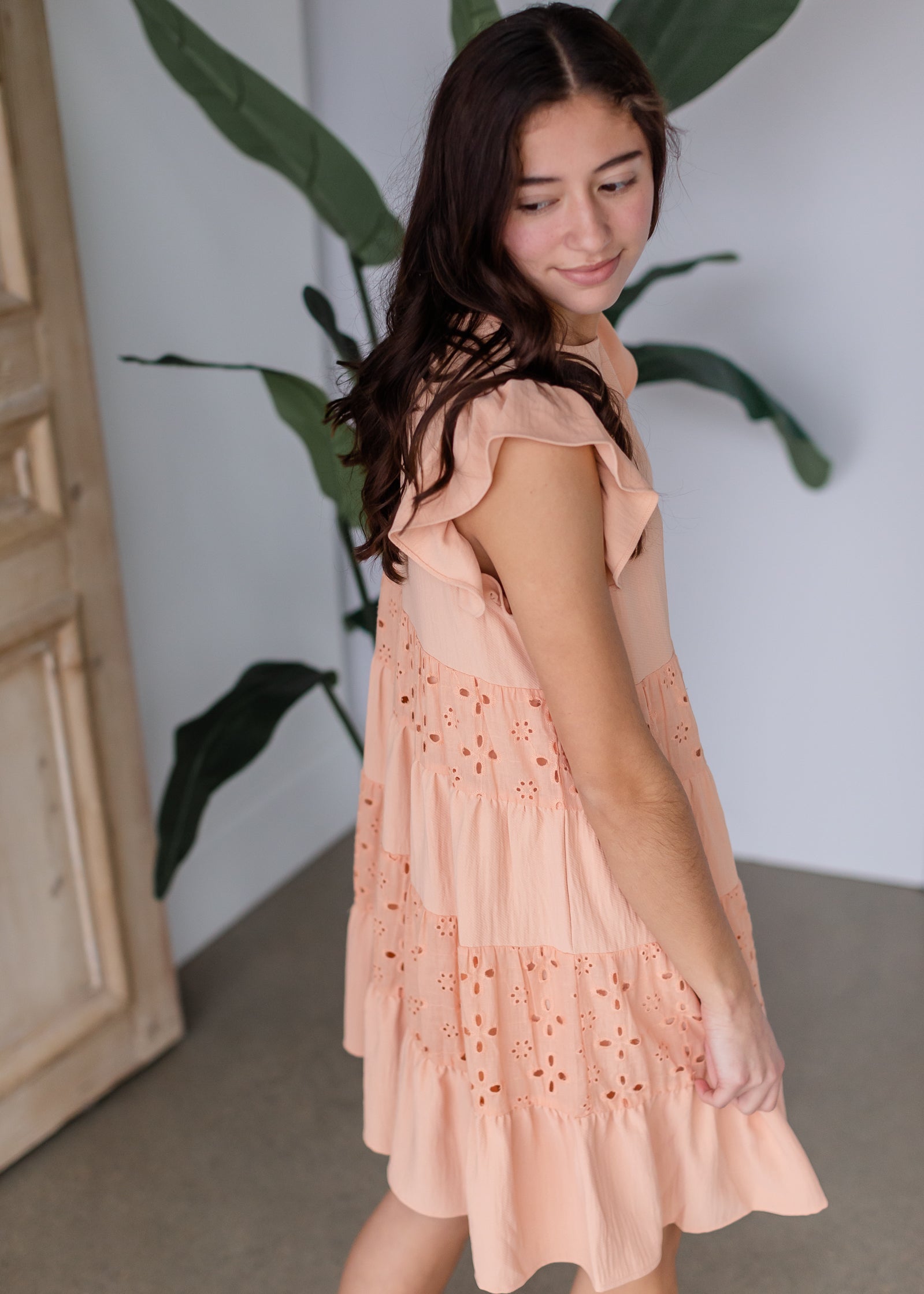 Peach Ruffle Sleeve Tiered Midi Dress Dresses Hailey & Co