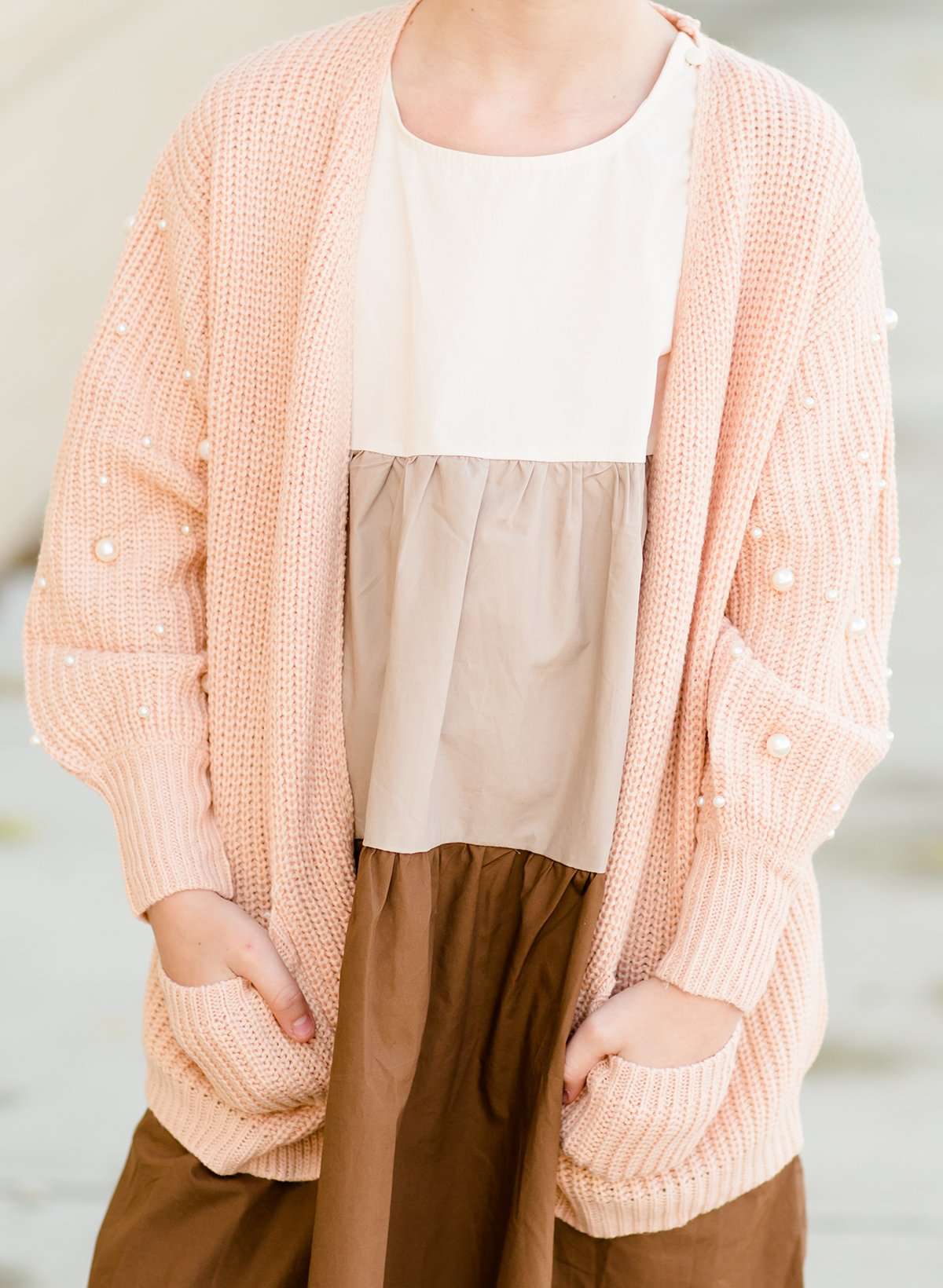 Modest Girls Blush and Pearl Accent Cardigan