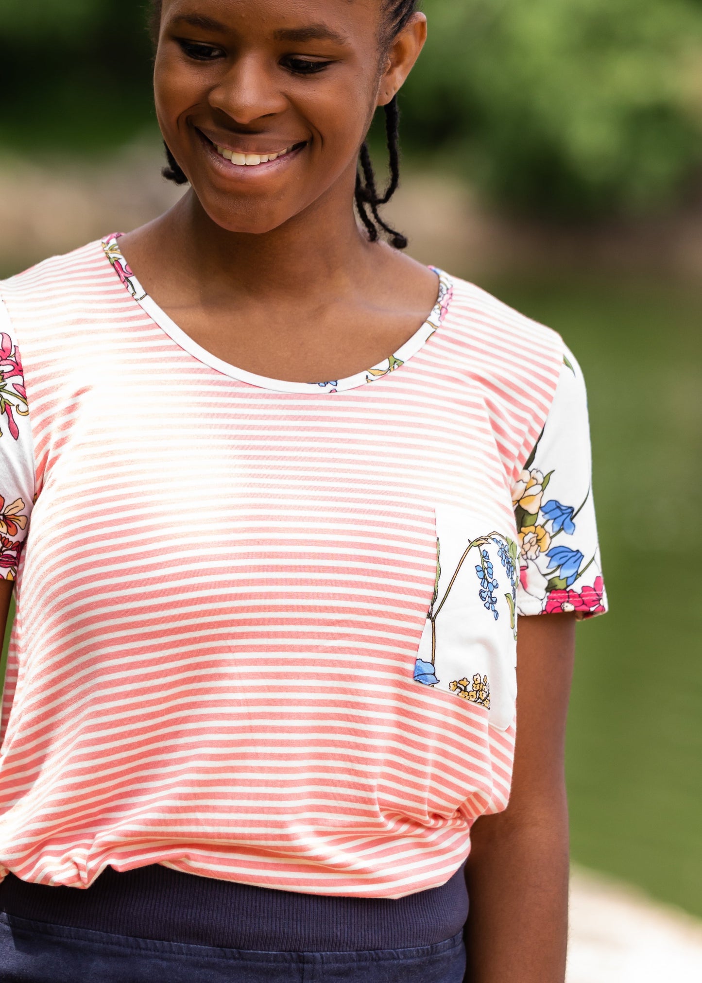 Pin Striped + Floral Short Sleeve Top - Final Sale Tops