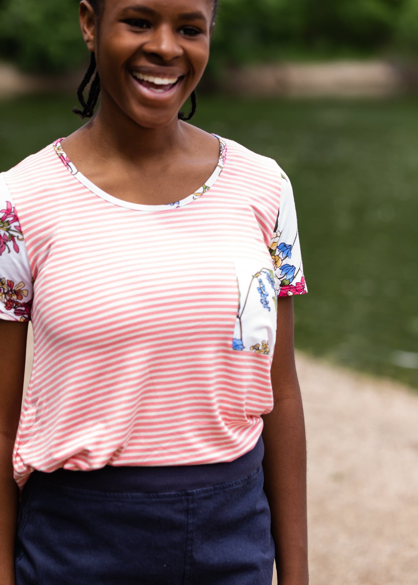 Pin Striped + Floral Short Sleeve Top - Final Sale Tops