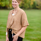 Pin-Tuck Textured Linen Tassel Half Sleeve Top Tops VOY Taupe / S