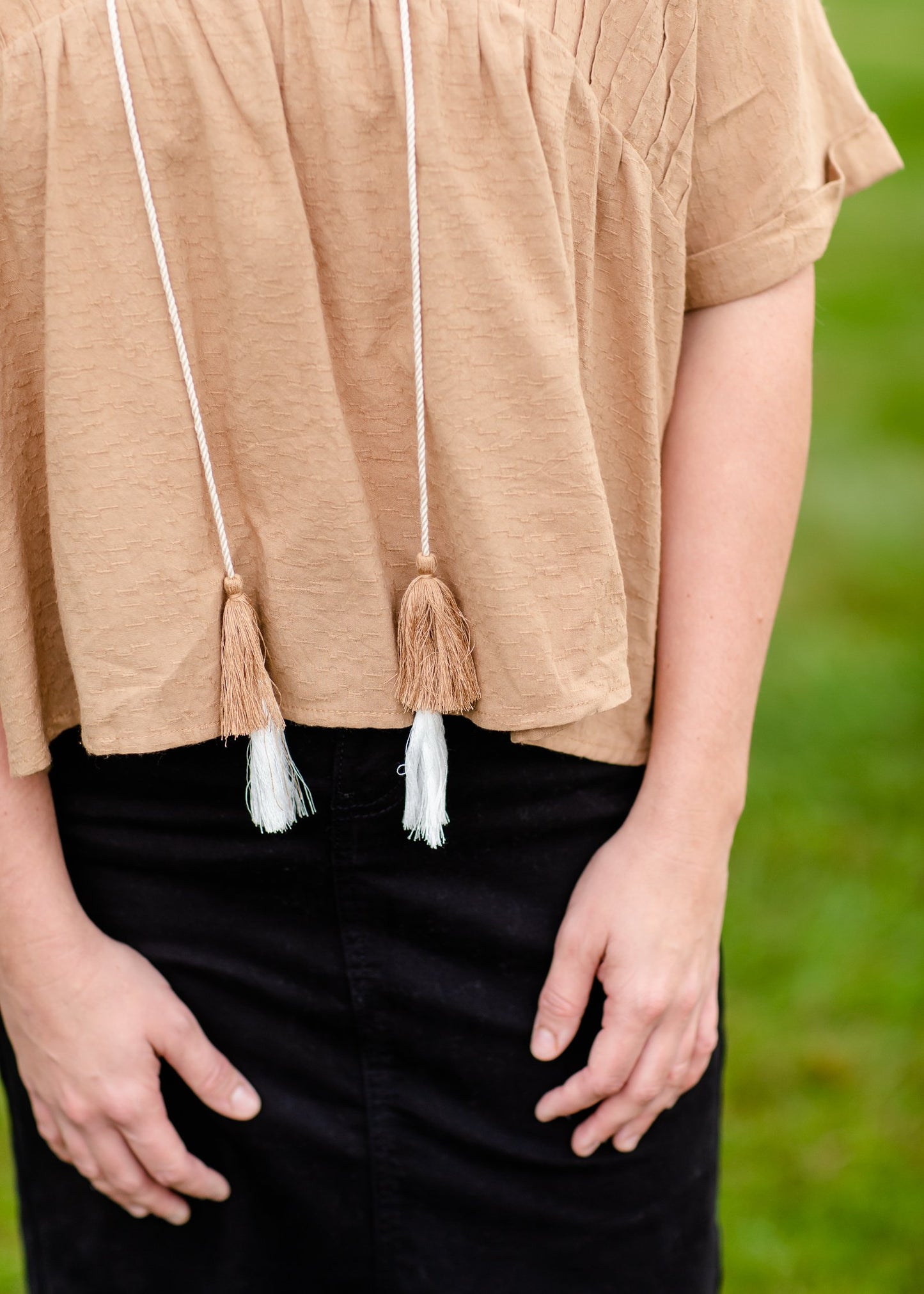 Pin-Tuck Textured Linen Tassel Half Sleeve Top Tops VOY