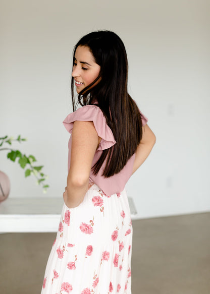 Pink Floral Tiered Midi Skirt Skirts