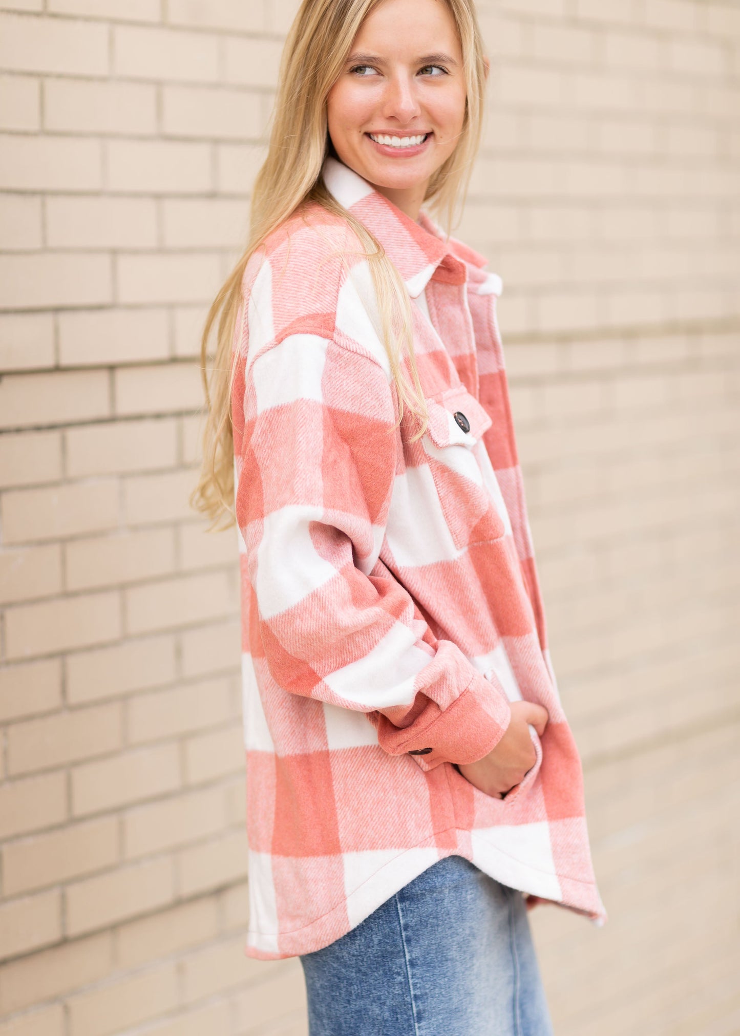 Pink Plaid Button Shacket Tops