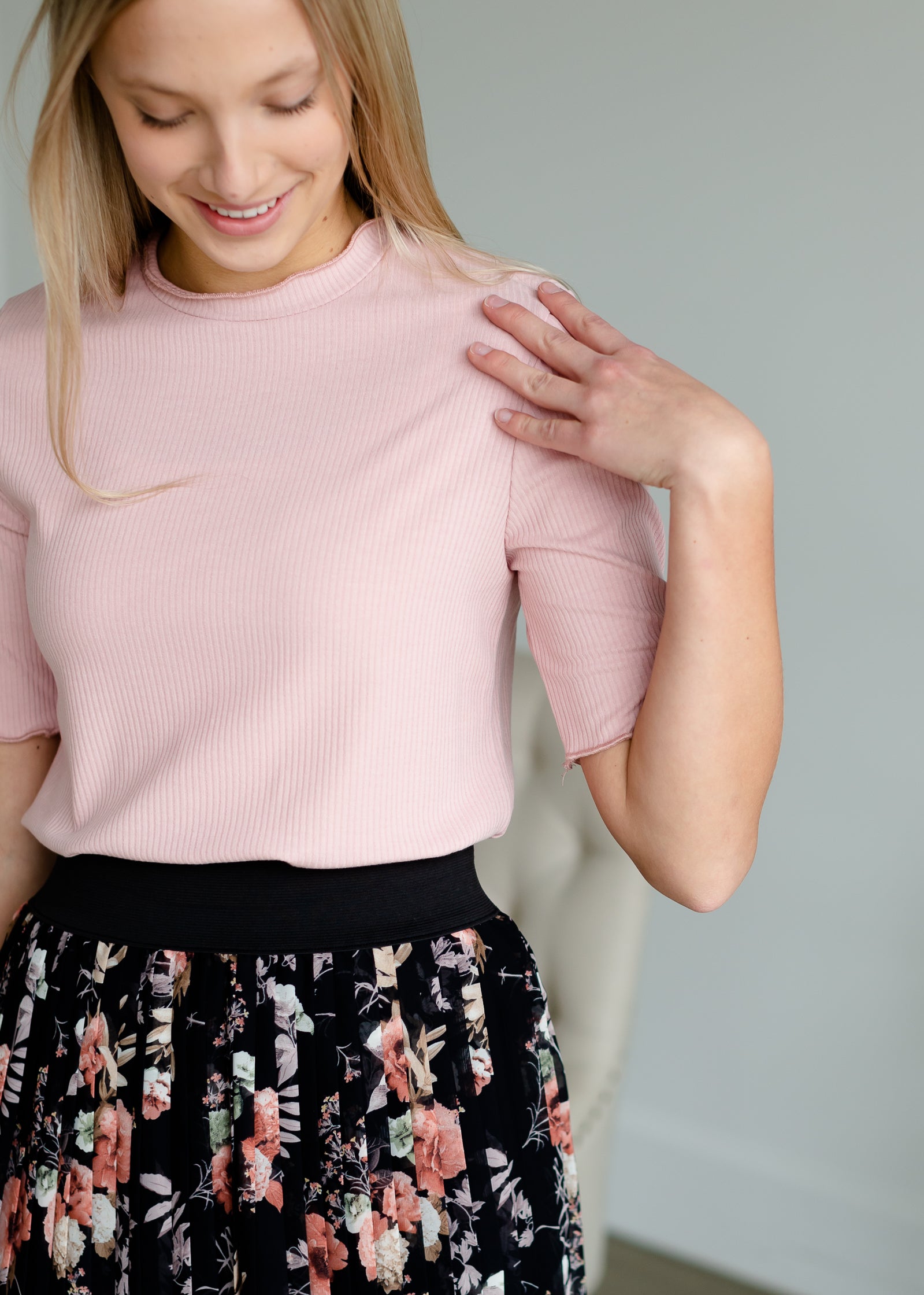Pink Ribbed Smocked Neck Top - FINAL SALE Tops