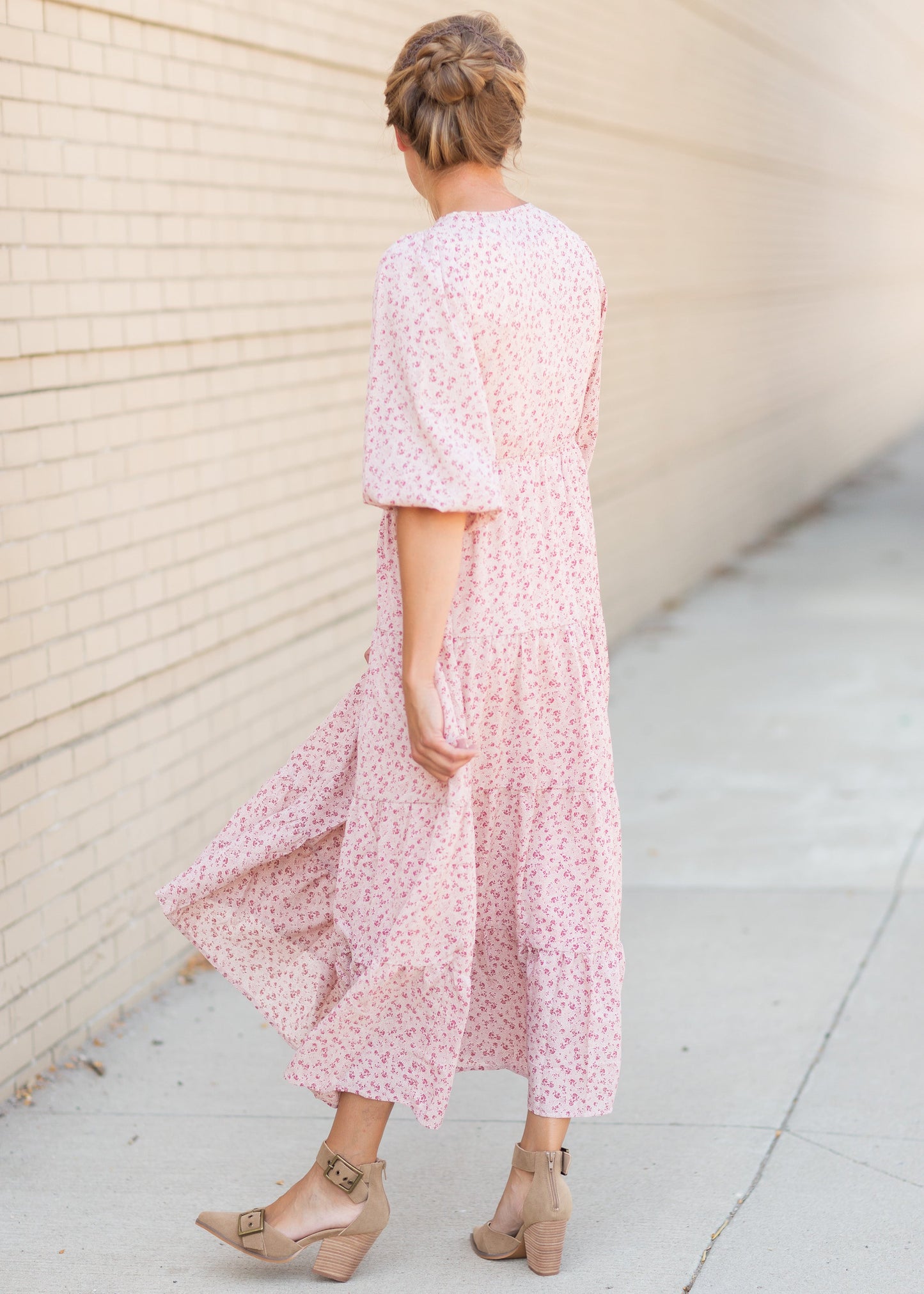 Pink Smocked Bodice Floral Print Maxi Dress Dresses