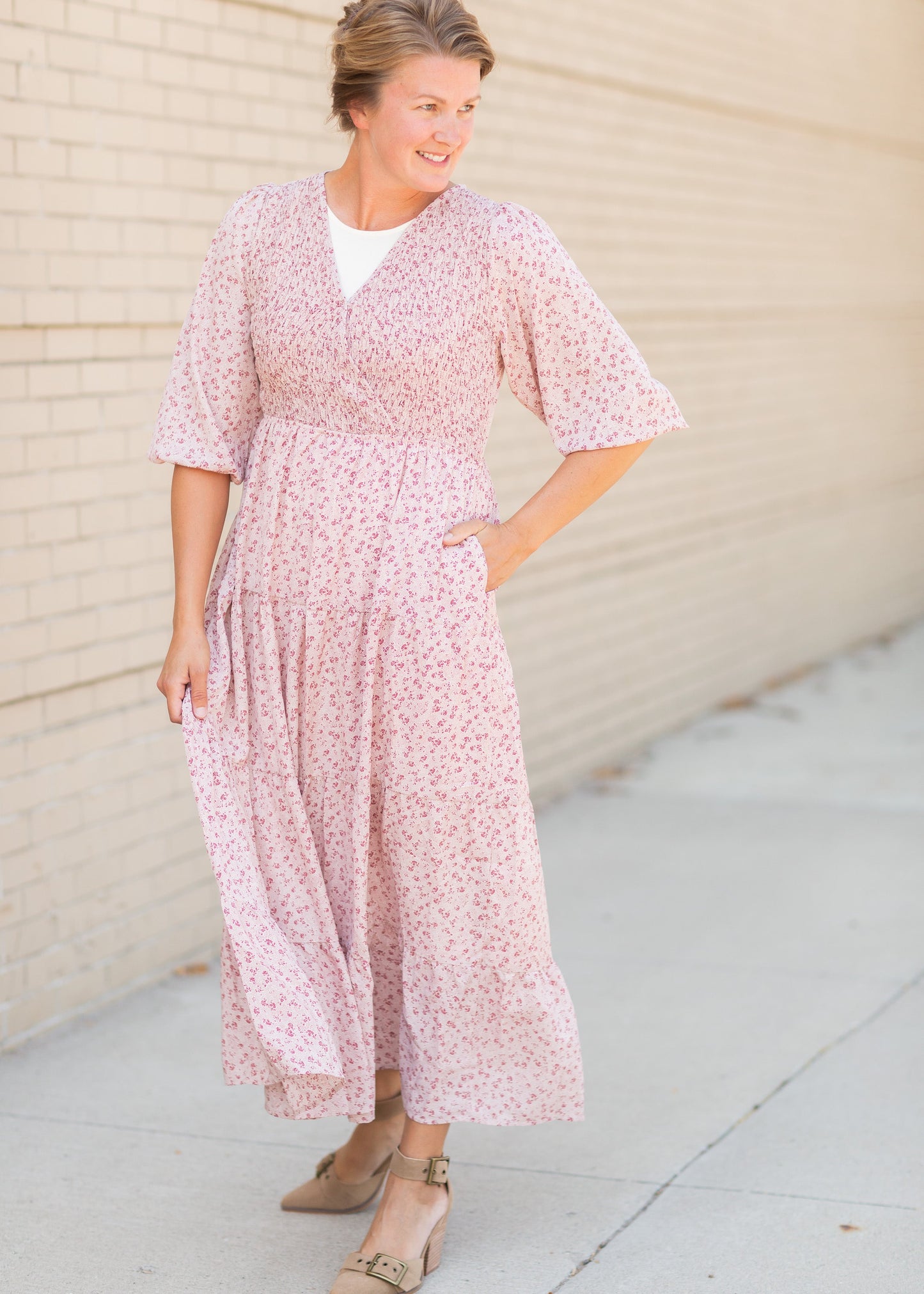 Pink Smocked Bodice Floral Print Maxi Dress Dresses