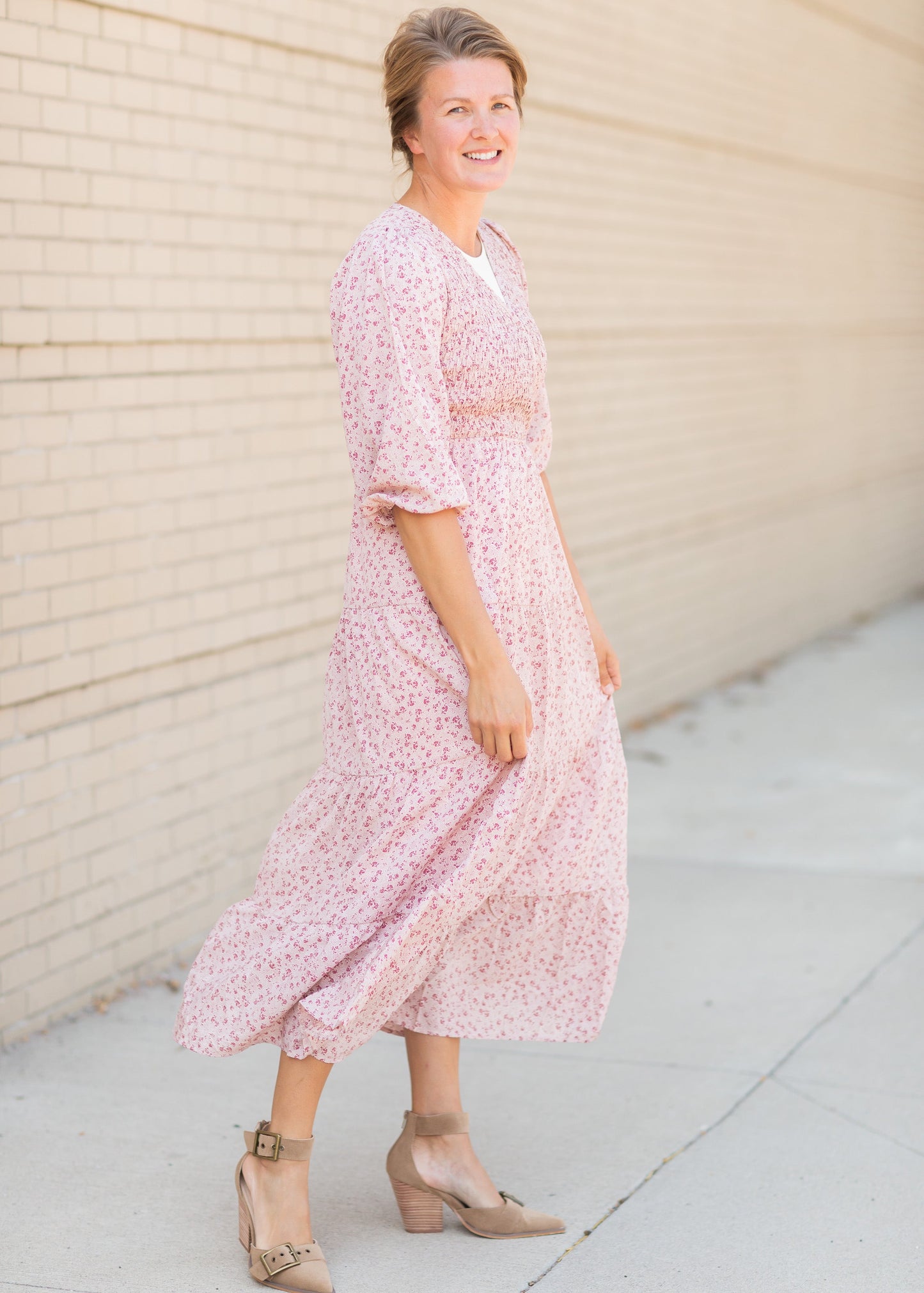 Pink Smocked Bodice Floral Print Maxi Dress Dresses