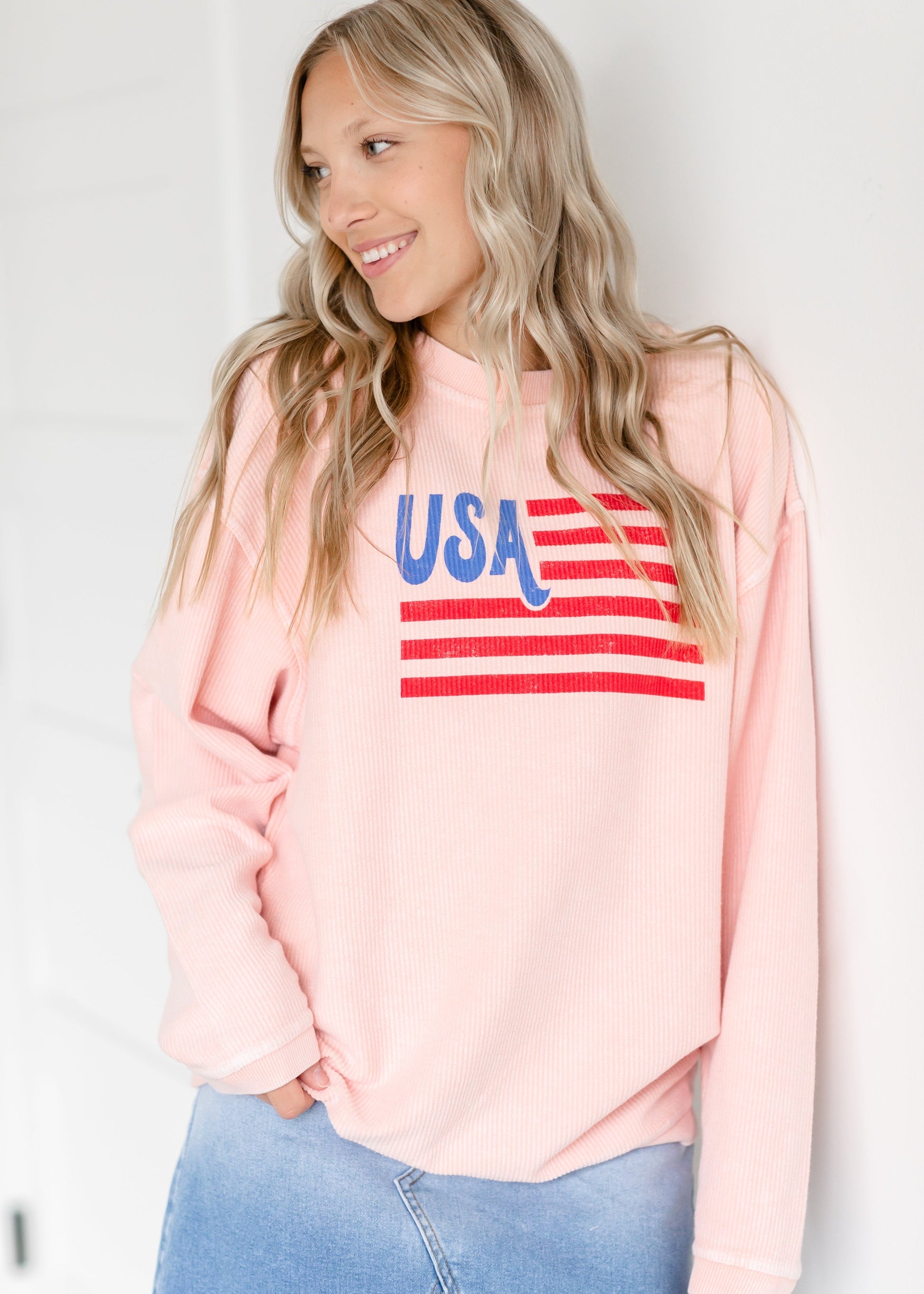 Pink USA Flag Crewneck Sweatshirt Tops