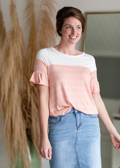 Pink & White Simple Striped Ruffle Sleeve Top Shirt Hailey & Co
