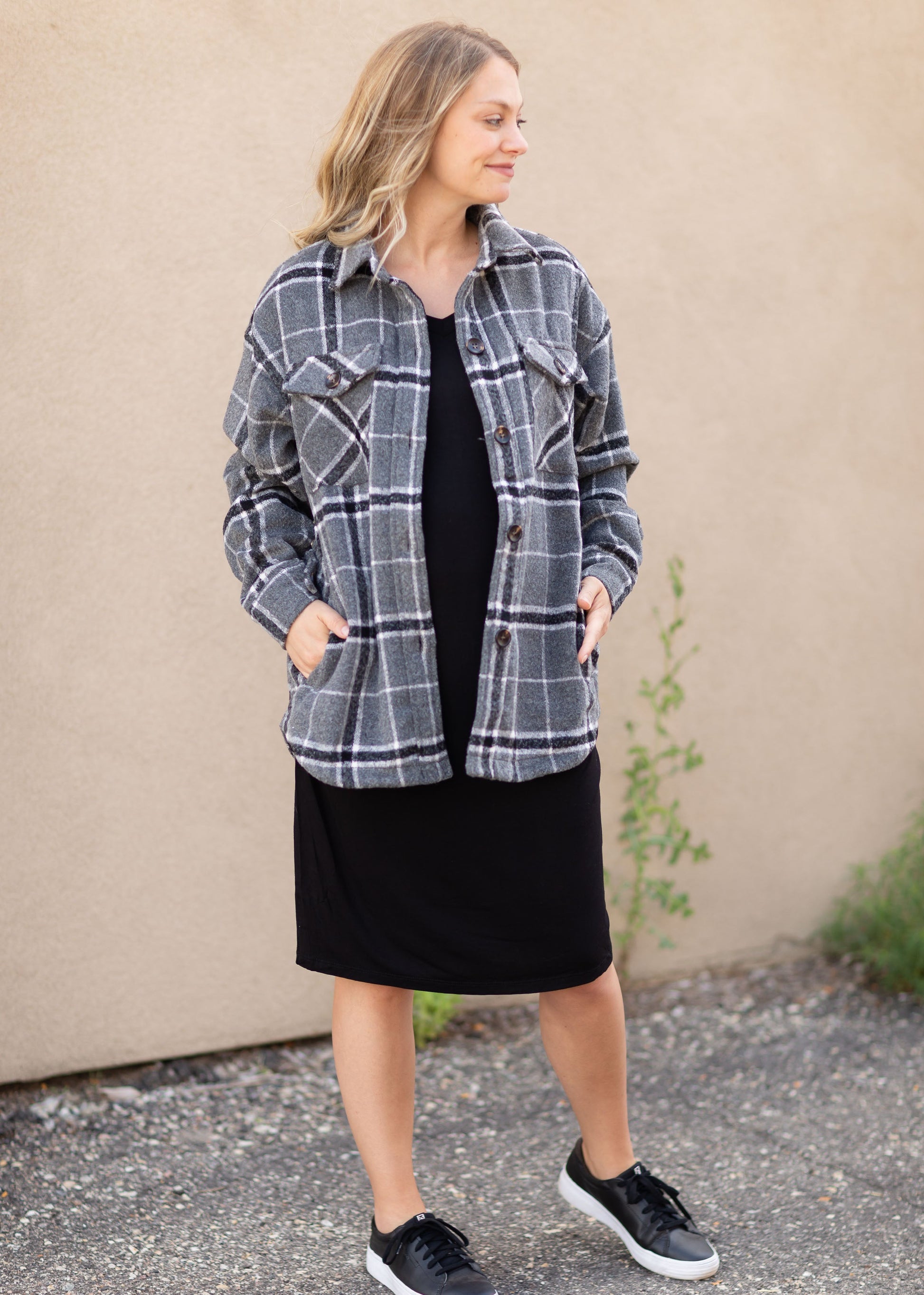 Plaid Button Up Shacket Tops Grey / S