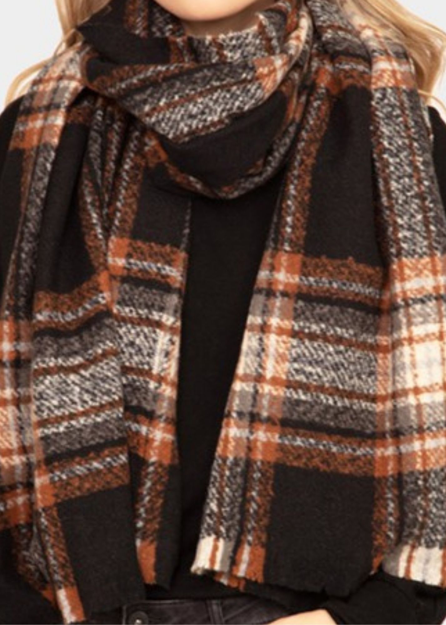 Plaid Check Patterned Oblong Scarf Accessories Wona Trading Black