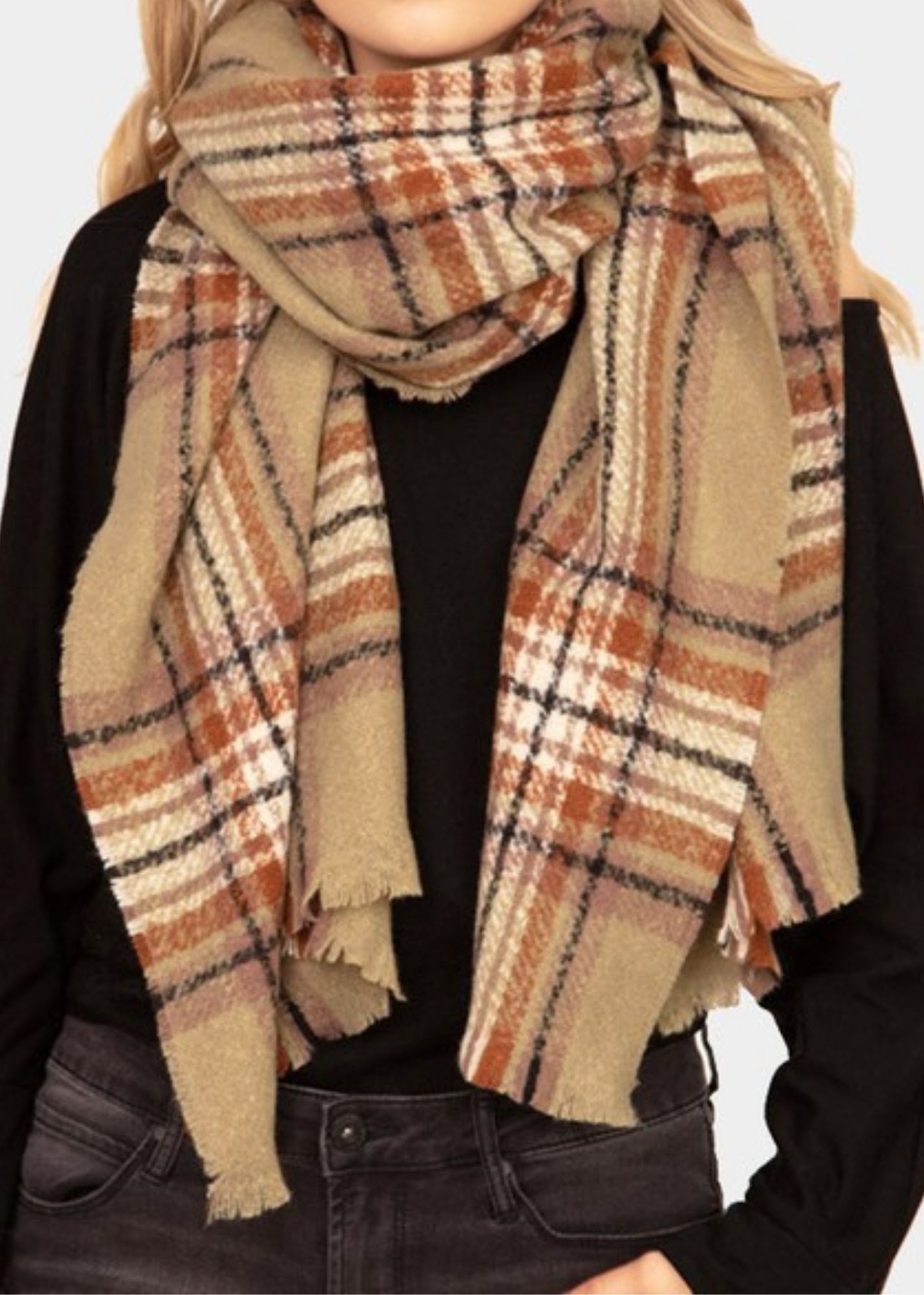Plaid Check Patterned Oblong Scarf Accessories Wona Trading Olive
