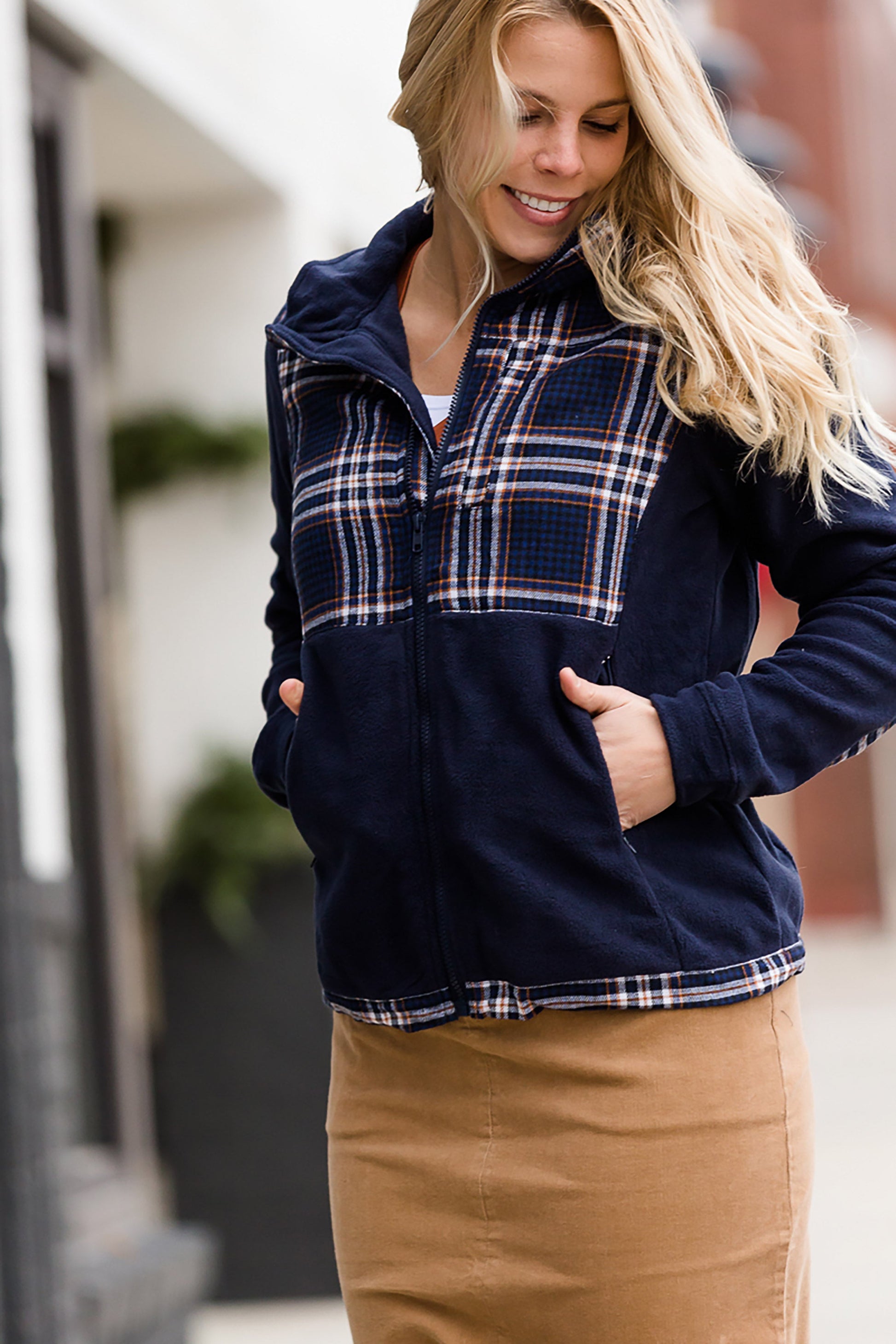 Plaid Detail Zip Up Fleece Jacket - FINAL SALE Layering Essentials
