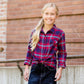 girls modest red and blue plaid flannel button up top
