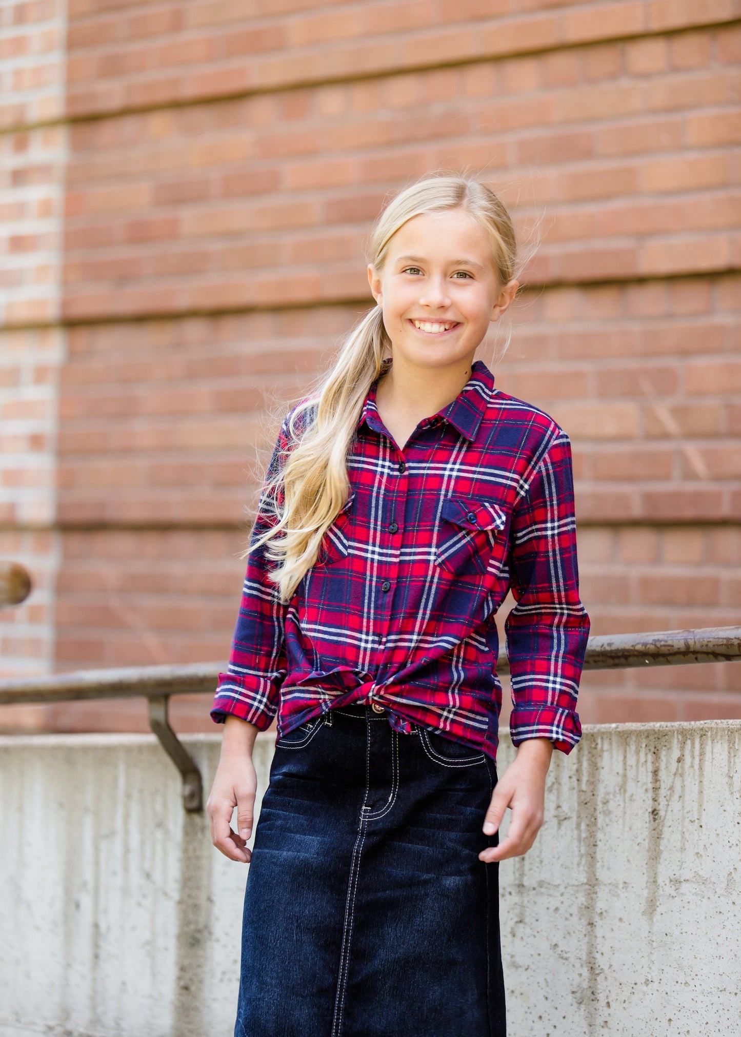 girls modest red and blue plaid flannel button up top