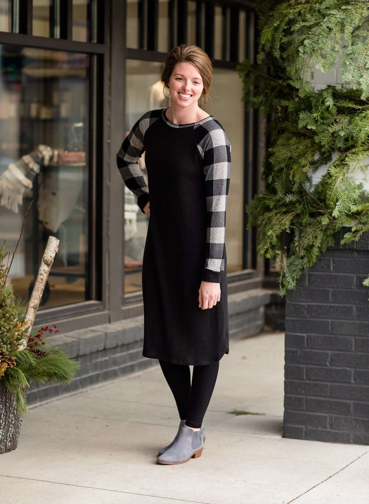 Plaid Fleece Knit Midi Dress - FINAL SALE Dresses Black / S