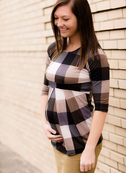 Women's modest checkered and pleated maternity top