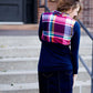 This half zip pullover features a front pouch pocket and a beautiful color block print of fuchsia, teal and mustard! It also is a mommy and me style.  