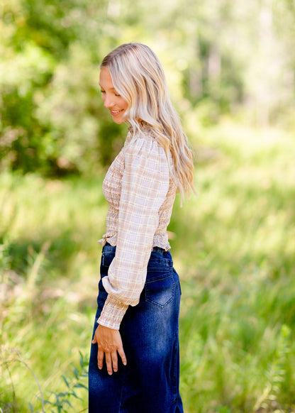 Plaid Mock Neck Long Sleeve Top Tops