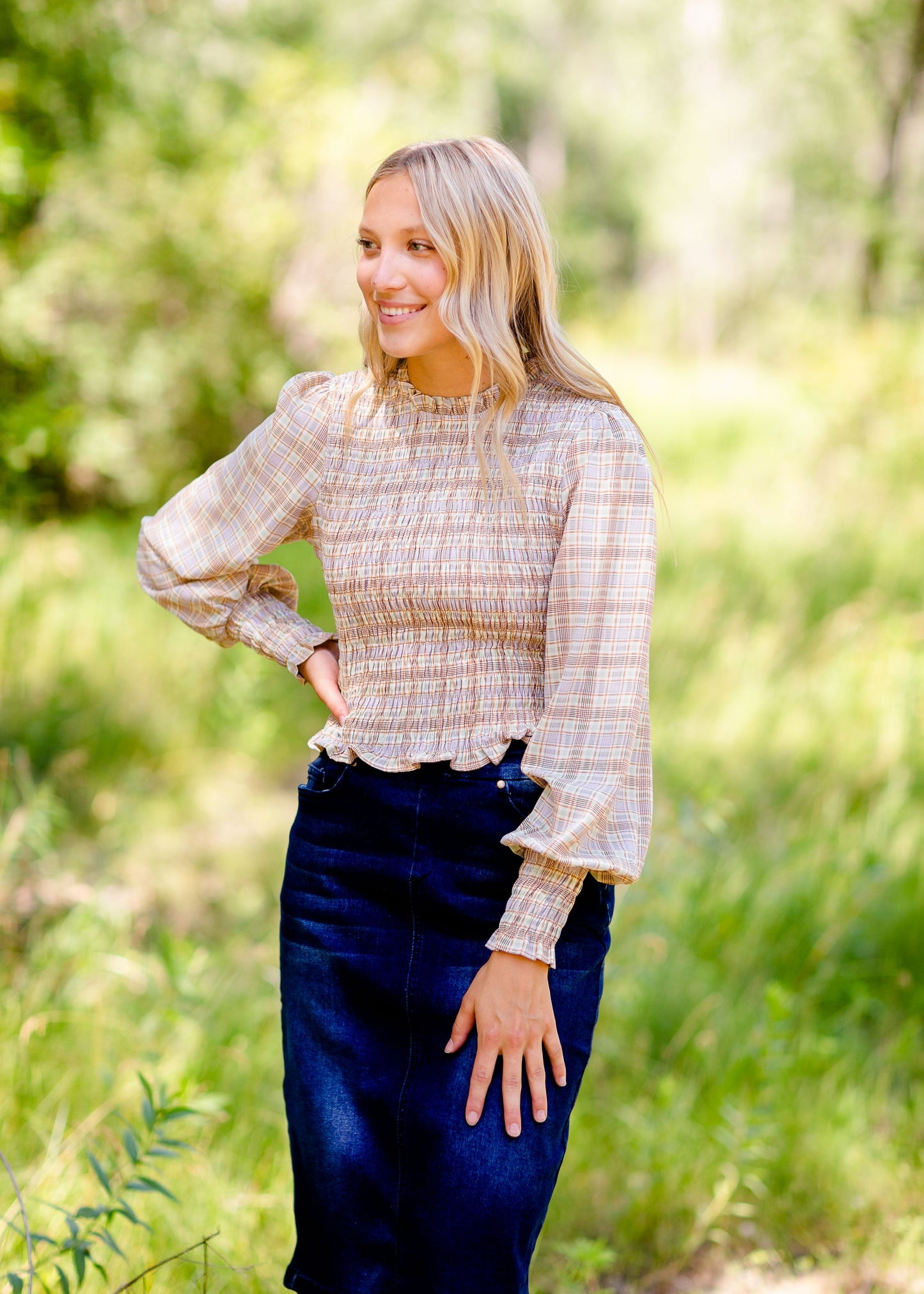 Plaid Mock Neck Long Sleeve Top Tops