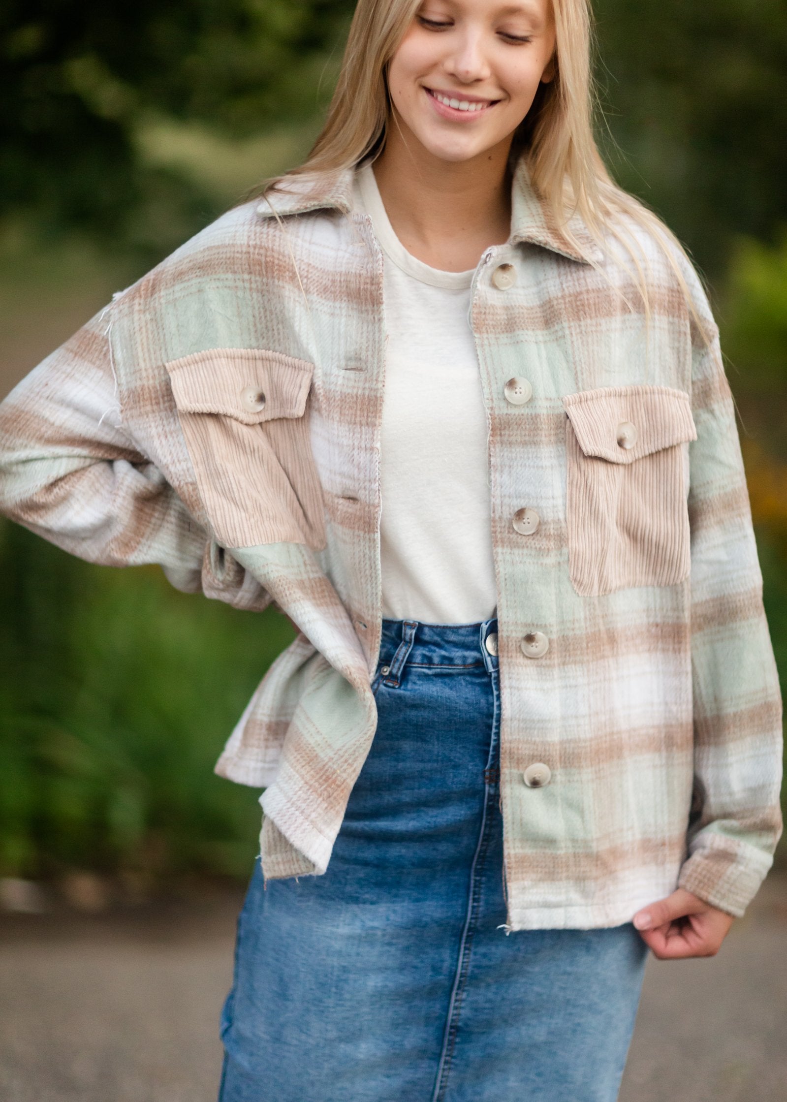 Plaid Shacket With Patch Pocket Detail Tops Polygram